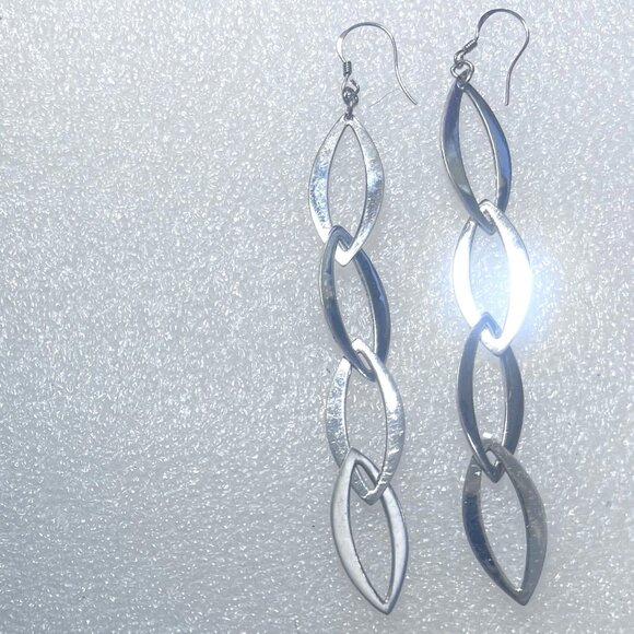 Silver Dangle Drop Earrings 4.25" Long Chain Open Marquise Links Marked 925 - Picture 2 of 9